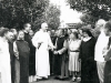 12.08.1947. The 4 families of spiritual Father Lebbe (Little Brothers of St. John the Baptist Sisters Teresians, SAM, ALM) T\'sing-ho met at the Little Brothers of St. John the Baptist and Bishop Souen. From left to right: Herman Unden, Sat, Little Brothers of St. John the Baptist, Paul Gilson, Sat, Brother Alex Tsao (Speaking Gilson), successor of Father Lebbe as Superior General of the Little Brothers, Yvonne Poncelet and A. Engelbosch, ALM, Sister Pauline, Superior of the Sisters Teresians; Raymond Jaegher, Sat   [Album II Photo 196. Neg: X 24]